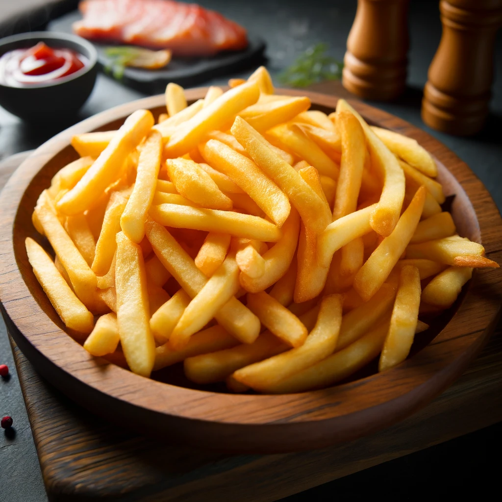 DALL·E 2024-04-04 09.56.54 – A plate of hot, crispy fries served on a wooden plate. The fries are golden and steaming, with a perfect balance of crunch and softness. The wooden pl DALL·E 2024-04-04 09.56.54 - A plate of hot, crispy fries served on a wooden plate. The fries are golden and steaming, with a perfect balance of crunch and softness. The wooden pl